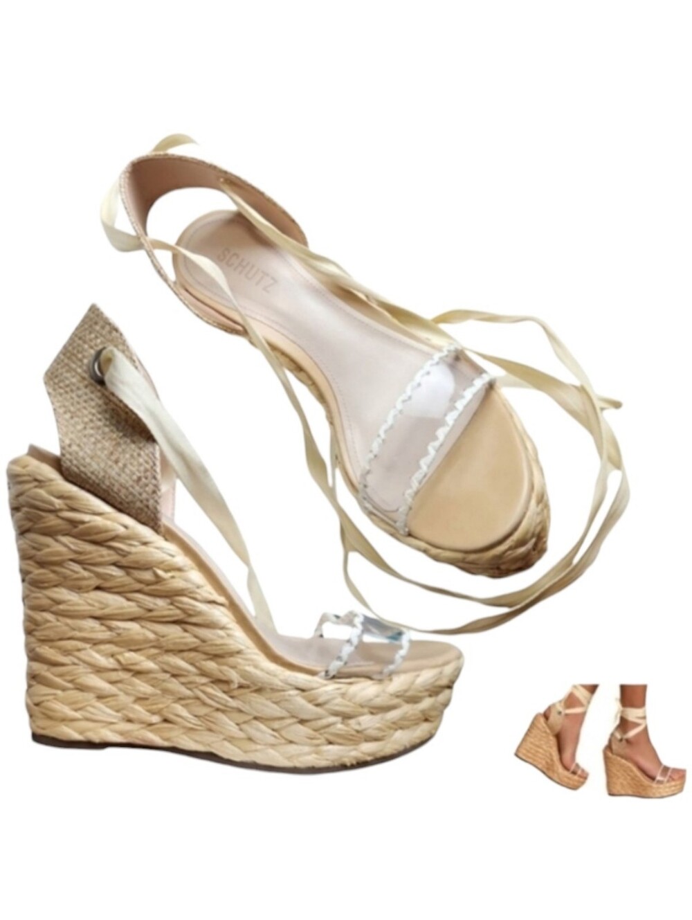 Schutz Womens Ayama Transparent Natural Lace Up Espadrille Wedge Sandals 9